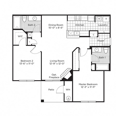 Floor plan for 2 beds, 2 baths, 1109 sqft
